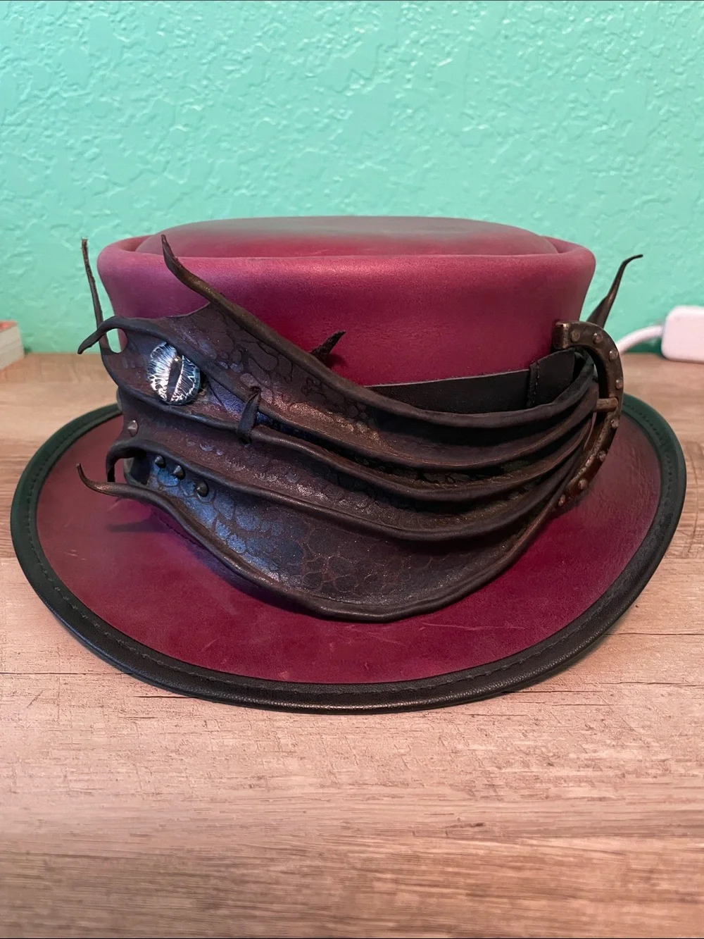 Head n Home hats Marlow Handcrafted Burgundy Leather Steampunk Top Hat